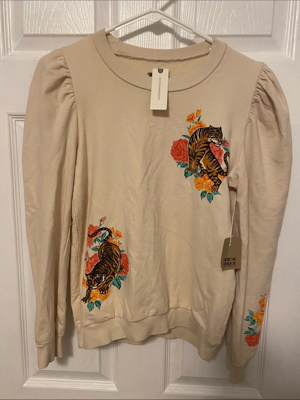 Anthropologie Beige Sweatshirt with Embroidered Tigers and Florals